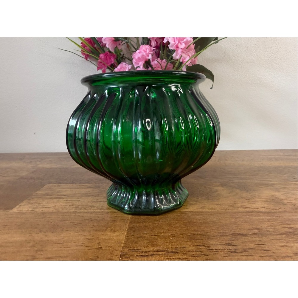 E.O. Brody Emerald Green Glass Planter Vase Ribbed Pedestal Vintage Mid Century